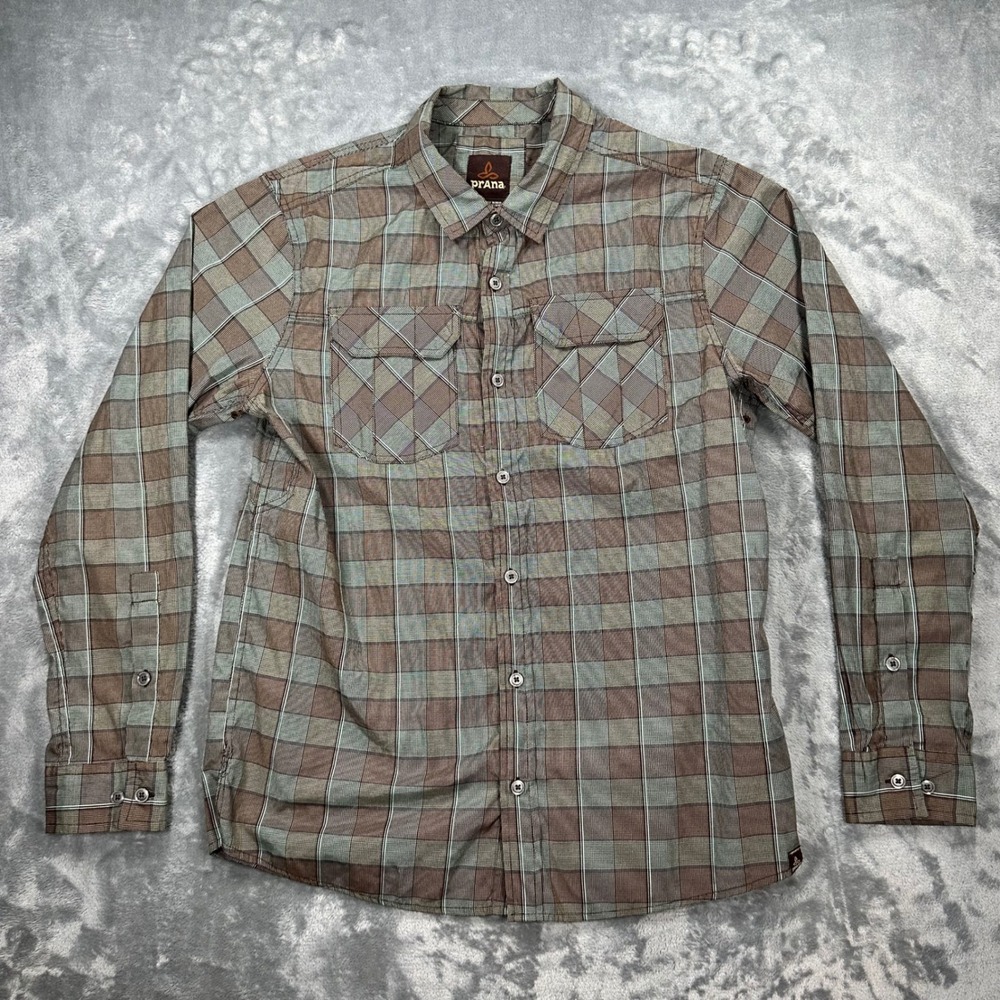 Prana Mens Terrane Plaid Long Sleeve Button Up Shirt Brown Blue Large M2TERR114